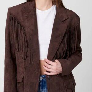 NWT Anthropologie BLANKNYC Brown front FRINGE BLAZER JACKET Western sz: L